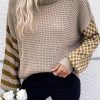 Women's Smoke Gray Striped Plaid Patchwork Waffle Knit Turtleneck Sweater - Image 2