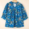 Elegant Blue Floral Notched V Neck Half Sleeve Plus Size Blouse for Women - Image 6