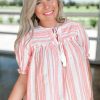 Chic Pink Stripe Plus Size Blouse with Puff Sleeves and Tassel Tie Detail - Image 3