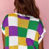 Women's Tillandsia Purple Color Block Cap Sleeve Sweater - Stylish Checkered Knit Top - Image 2