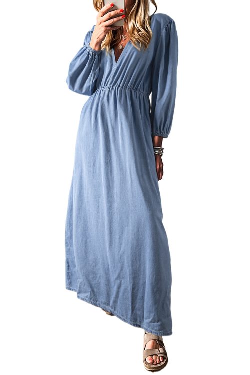 Women's Myosotis Chambray Deep V Neck Bracelet Sleeve Maxi Dress