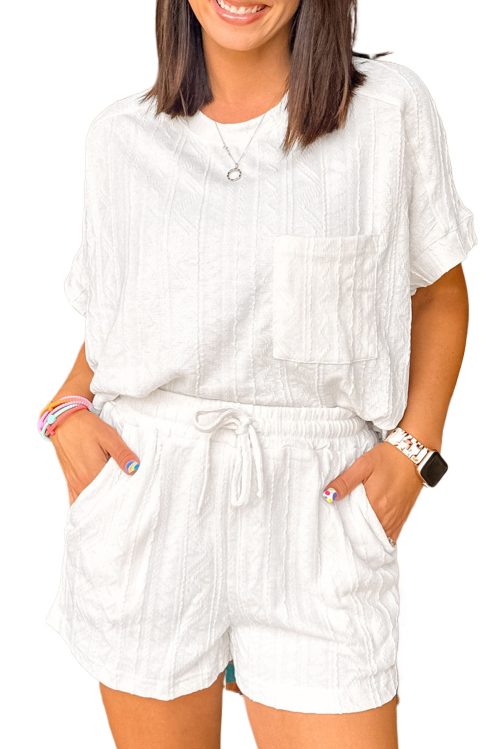 Women's Jet Stream Textured Patched Pocket Short Sleeve Top & Drawstring Shorts Set