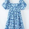 Women's Blue Floral Puff Sleeve Babydoll Mini Dress with Square Neck - Image 6