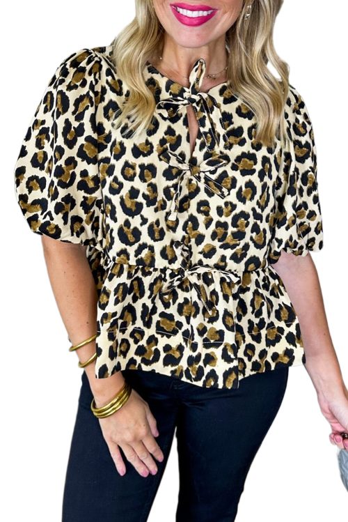 Women's Apricot Leopard Print Bubble Sleeve Bow Tie Front Peplum Blouse