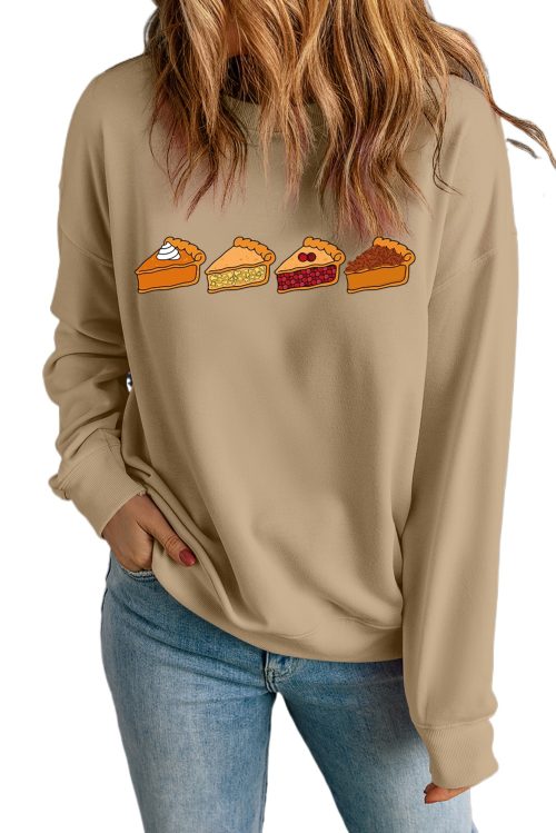 Women's Khaki Thanksgiving Pie Print Drop Shoulder Sweatshirt - Cozy Fall Fashion