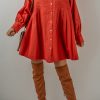 Women's Tomato Red Bishop Sleeve Button Up Pleated Mini Dress - Image 6