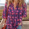 Women's Purple Floral Half Sleeve Split Neck Blouse - Chic Summer Top - Image 7