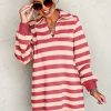 Women's Pink Stripe Collared V Neck Long Sleeve Casual Dress with Pockets - Image 3