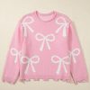 Women's Pink Pearl Beaded Bowknot Pattern Distressed Split Hem Sweater - Image 6