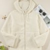 Women's Beige Fleece Zip Up Hooded Jacket with Pocket - Image 5