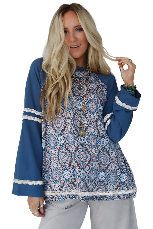 Women's Blue Geometric Printed Lace Patchwork Raglan Long Sleeve Top