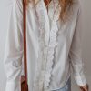 Women's White Lace Crochet Trim Long Sleeve Shirt with Turn-Down Collar - Image 4