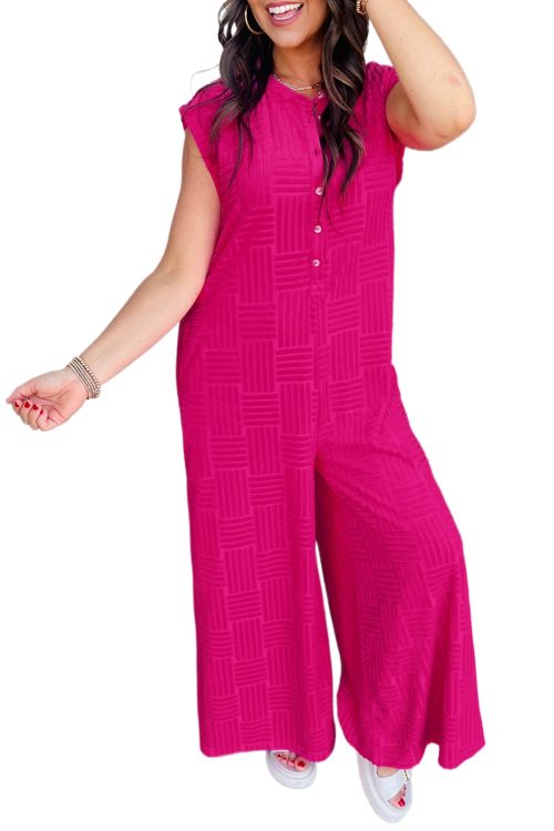 Bright Pink Sleeveless Button Front Wide Leg Jumpsuit for Women