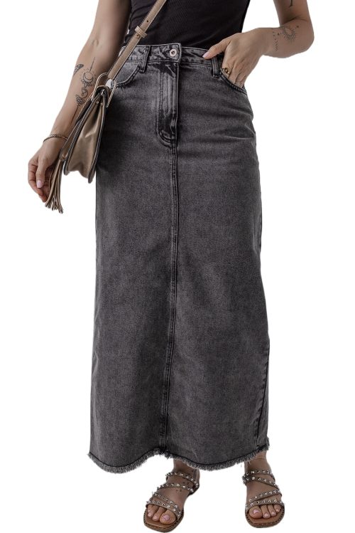 Women's Dark Grey Denim Raw Hem Back Split High Waist Long Skirt