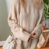 Women's Pale Khaki Solid Color Cable Knit Ribbed Loose Sweater - Cozy and Stylish - Image 3