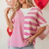 Women's Pink Stripe Patchwork Textured Short Sleeve High Low Loose Top - Image 5