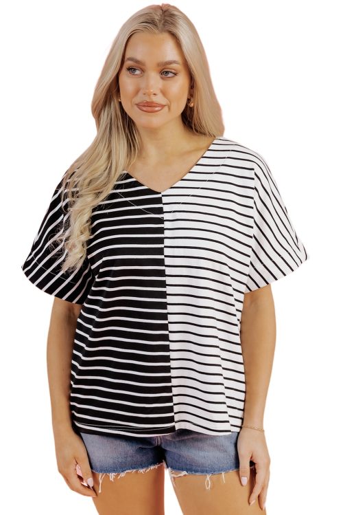 Women's Black Stripe Two Tone Colorblock V Neck T-Shirt - Chic and Casual Style