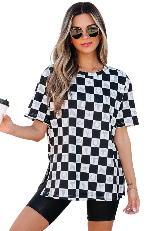 Women's Black Western Fashion Checkerboard Print Side Split T-Shirt