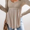 Feminine Smoke Gray Long Sleeve V Neck Babydoll Top - Image 4