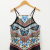 Bohemian Women's Red Mixed Floral Chevron Pattern Dip Hem Spaghetti Straps Tank Top - Image 9