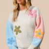 Women's Multicolor Floral Embroidered Colorblock Fuzzy Drop Shoulder Sweater - Image 5