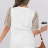 Women's Elegant White Leopard Patchwork Puff Sleeve T-Shirt with Crochet Lace Trim - Image 2