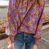 Women's Purple Floral Allover Print Shirred Cuff Frilled O Neck Blouse - Image 6