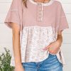 Women's Pink Waffle Floral Patchwork Short Sleeve Top with Exposed Seam Detail - Image 9