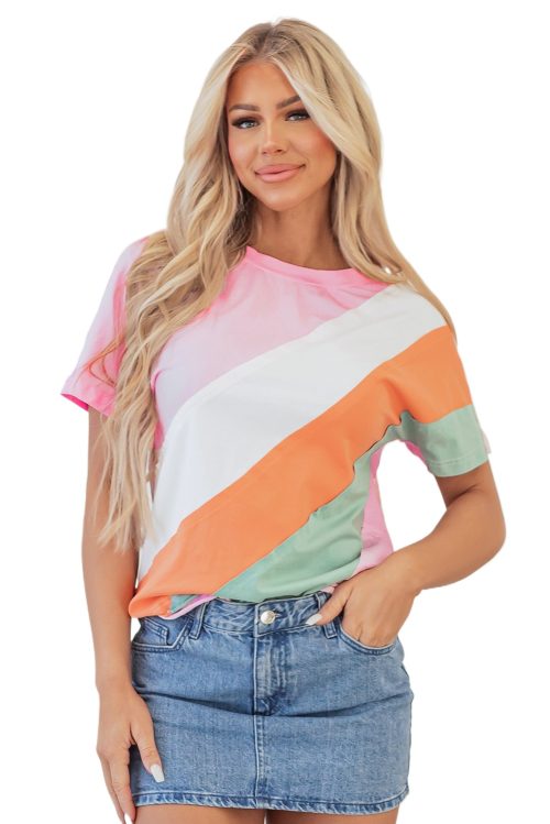 Stylish Women's Pink Color Block Patchwork Crewneck T-Shirt