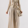 Women's Beige Drawstring Waist Pleated Wide Leg Casual Pants - Image 9