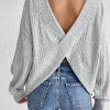 Women's Light Grey Textured Crossover Backless Knit Long Sleeve Top - Image 5