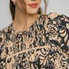 Women's Black Floral Shirred Yoke Boho Blouse with Bracelet Sleeves - Image 4