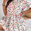 Plus Size Beige Colorful Polka Dot Print Short Sleeve Ruffled Babydoll Blouse - Image 3