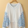 Women's White Abstract Floral Patchwork Batwing Sleeve V Neck Blouse - Image 6