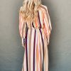 Women's White Multicolor Striped Cuffed Sleeve Tassel Tied Maxi Dress - Image 2