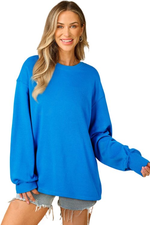 Women's Sky Blue Solid Color Drop Shoulder Long Sleeve Basic Sweatshirt