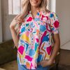 Women's Multicolour Abstract Print Blouse with Lace Detail and Shirred Short Sleeves - Image 6