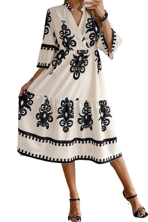 Women's Beige Geometric Print 3/4 Sleeve Loose Midi Dress