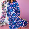 Women's Blue Floral Peasant Sleeve Tiered Ruffle Midi Dress - Image 3