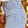 Women's Beau Blue Rhinestone High Waist Denim Shorts with Raw Hem - Image 3