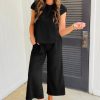 Women's Black Textured Knit Cap Sleeve T-Shirt and Wide Leg Pants Set - Image 2