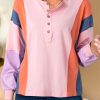 Women's Pink Colorblock Long Sleeve Henley Top with Button Detailing - Image 2