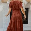 Women's Chestnut Velvet Short Sleeve Tiered Maxi Dress with V Neck - Image 2