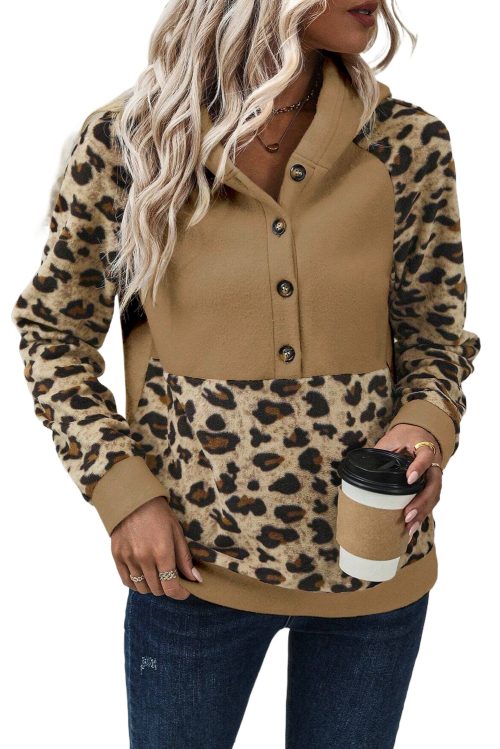 Women's Light French Beige Leopard Print Patchwork Raglan Sleeve Half Buttons Hoodie