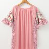 Plus Size Pink Floral Patchwork Ruffled Short Sleeve Blouse for Women - Image 9