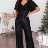 Women's Black Sequin V Neck Flutter Sleeve Wide Leg Jumpsuit for Night Out - Image 7