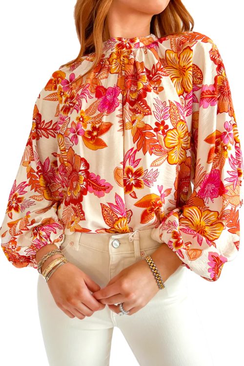 Gorgeous Women's Orange Floral Print Blouse with Pearl Button Keyhole and Long Puff Sleeves