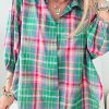 Women's Green Plaid 3/4 Sleeve Collared Loose Fit Shirt - Image 5