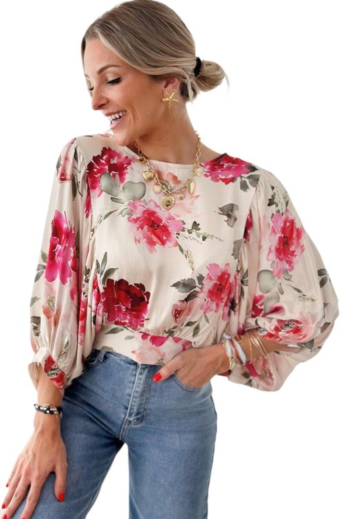 Women's Rose Floral 3/4 Sleeve Lace-up Back Blouse