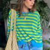 Women's Green Stripe Crew Neck Drop Shoulder Casual Sweater - Image 5